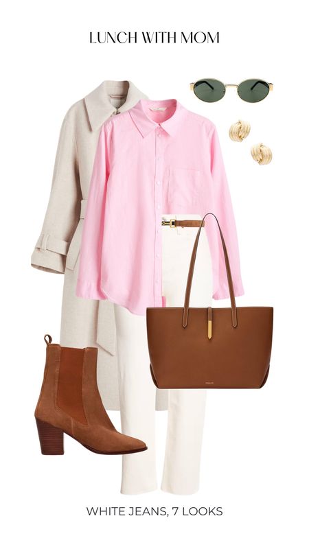 Trench coat pink top white jeans denim and brown ankle booties 

#LTKstyletip #LTKshoecrush #LTKitbag