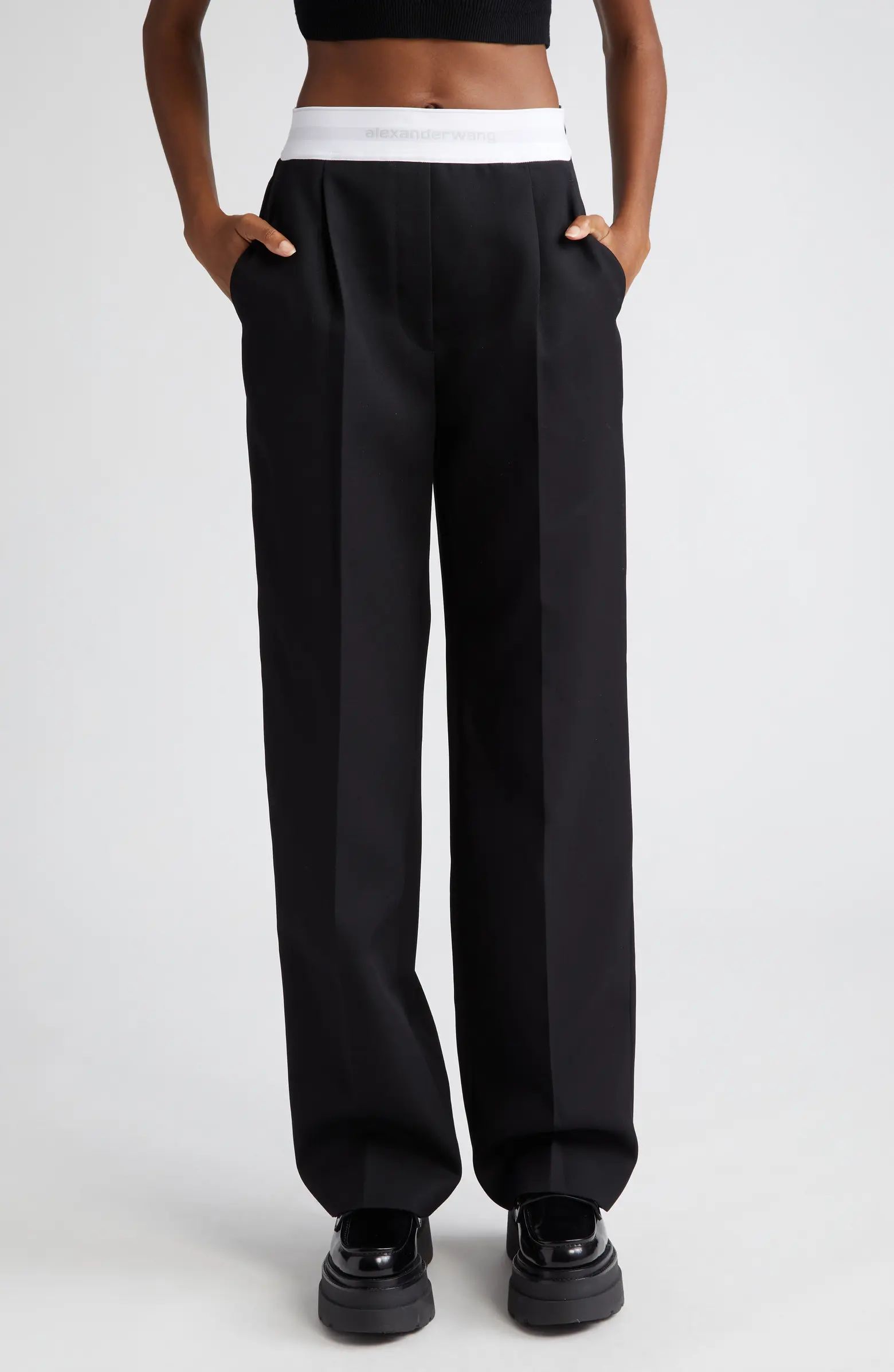 Alexander Wang Logo Elastic High Waistband Pleated Wool Trousers | Nordstrom | Nordstrom