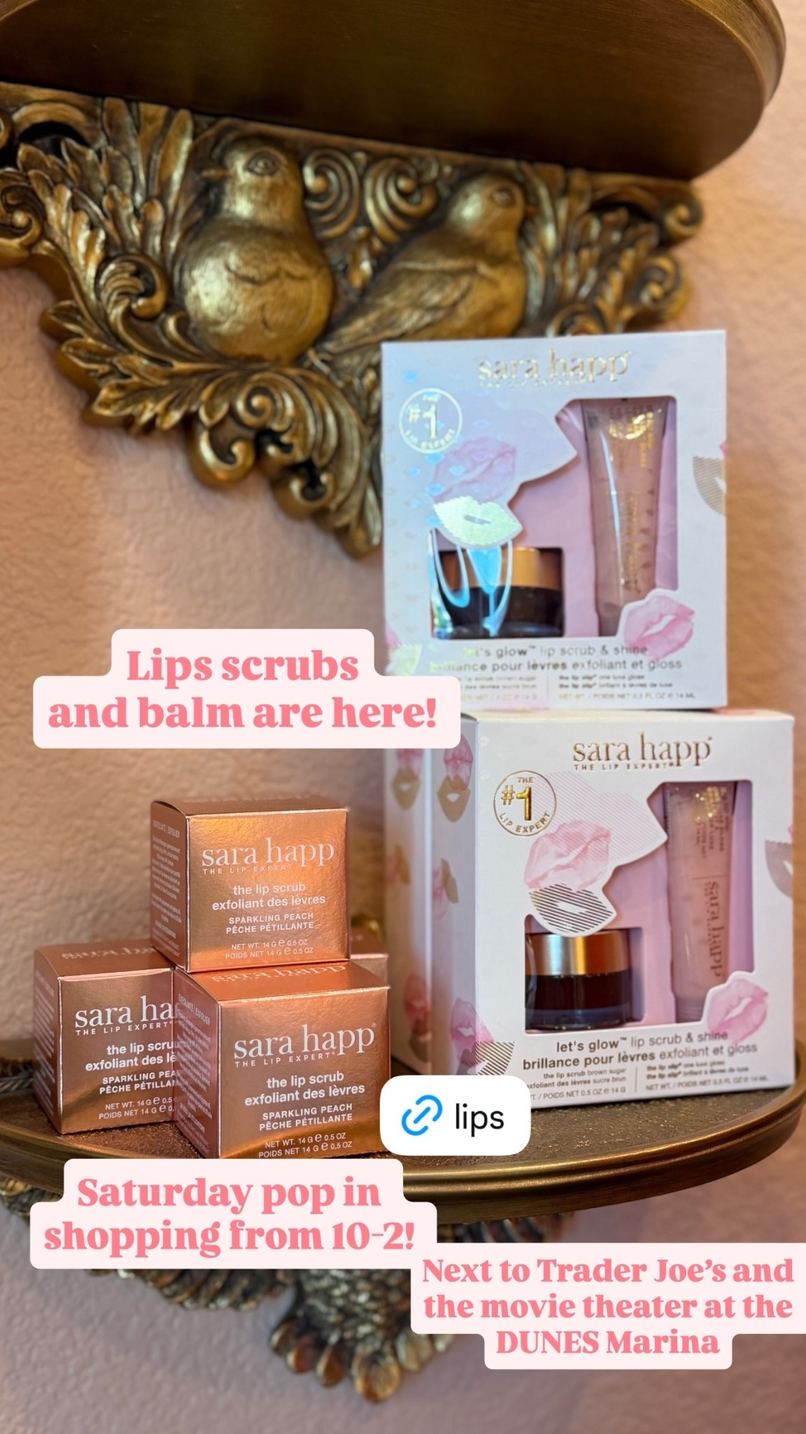 Lips scrubs
and balm are here!  Saturday pop in shopping from 10-2!  Next to Trader Joe’s and the movie theater at the DUNES Marina