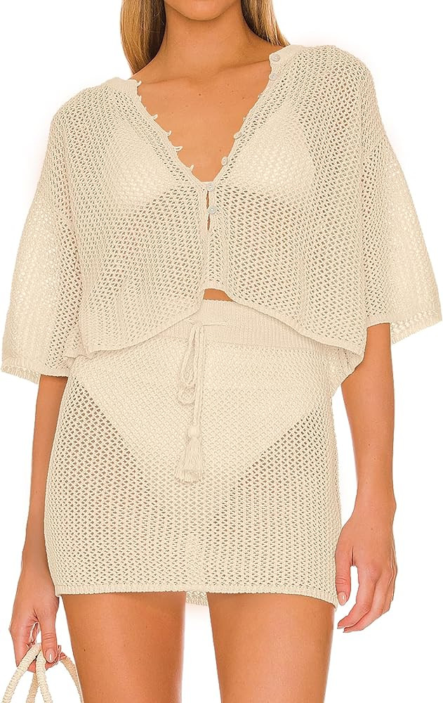 Jumppmile Women's 2 Piece Swimsuit Cover Up Crochet Hollow Out Knitted Bathing Suit Beach Bikini ... | Amazon (US)