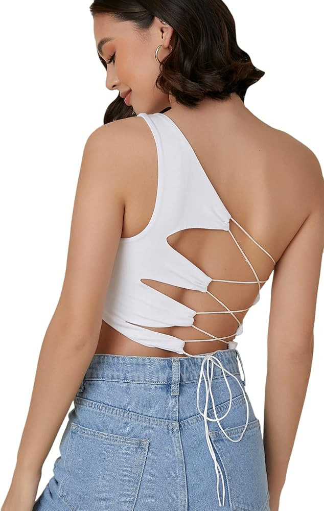 Verdusa Women's One Shoulder Lace Up Sleeveless Asymmetrical Hem Crop Tank Top | Amazon (US)
