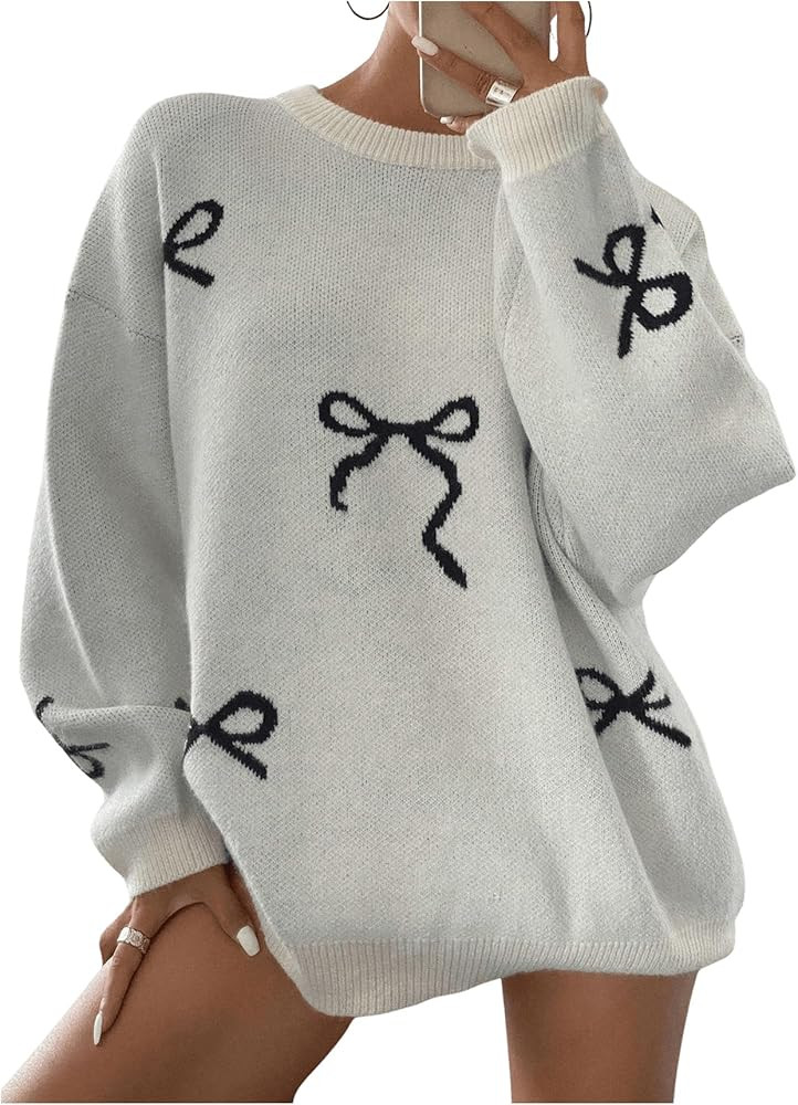 SOLY HUX Oversized Sweaters for Women Y2k Bow Print Crew Neck Drop Shoulder Long Sleeve Knit Pull... | Amazon (US)