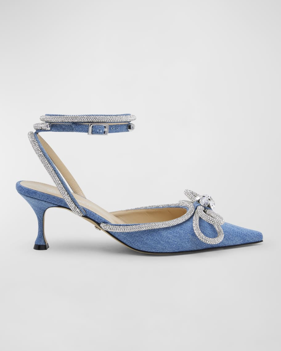 MACH & MACH Strass Bow Double Ankle-Strap Denim Pumps | Neiman Marcus