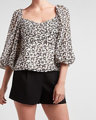 Floral Pleated Balloon Sleeve Wrap Top | Express