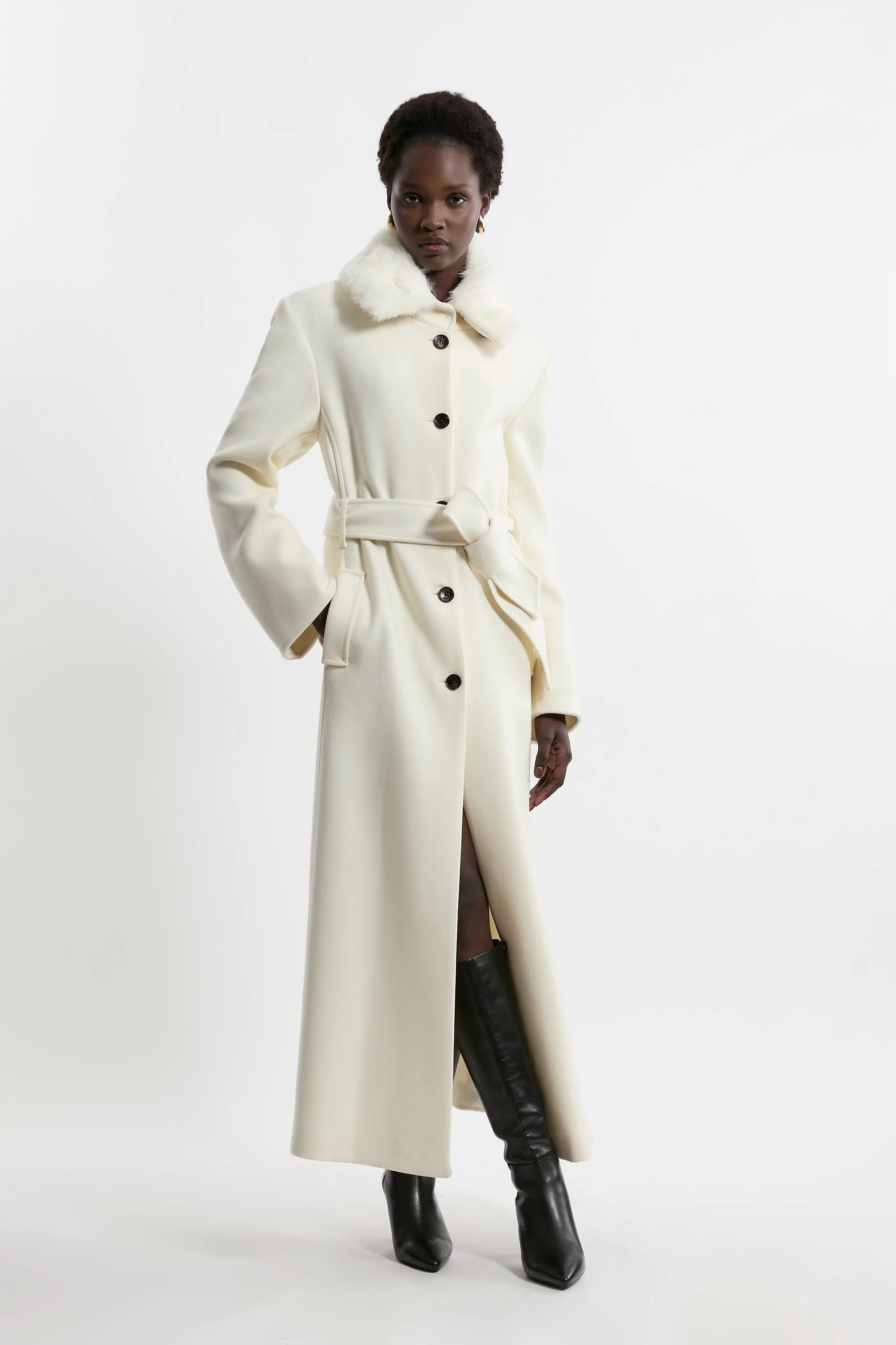 Premium Italian Manteco Wool Detachable Faux Fur Collar Belted Tailored Maxi Coat | Karen Millen UK + IE + DE + NL