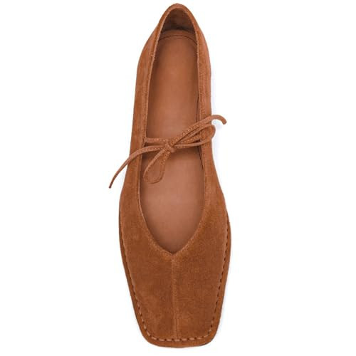 SUIARA Suede Square Toe Brown Ballet Flats Women Lace up Mary Jane Flats Slip On Bow Leather Comfortable Ballerina Shoes | Amazon (US)
