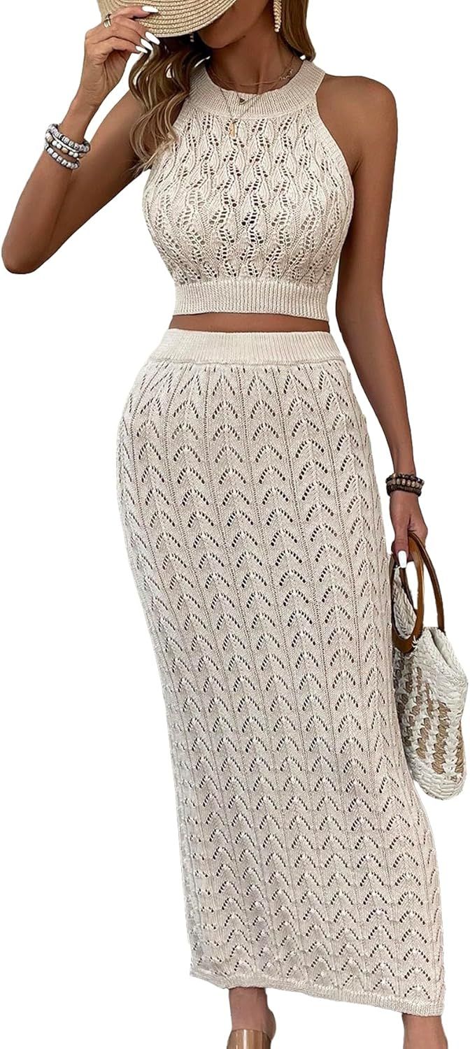 SweatyRocks Women's Casual 2 Piece Outfit Sleeveless Knitted Crop Top and High Waist Maxi Skirts ... | Amazon (US)