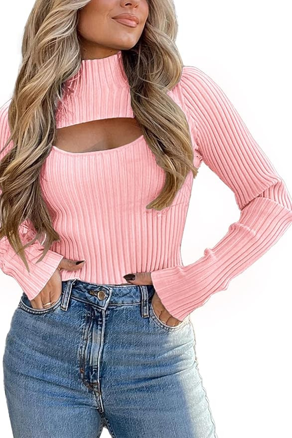PRETTYGARDEN Women's 2024 Fashion Fall Clothes 2 Piece Cutout Tops Long Sleeve Mock Neck Rib Knit... | Amazon (US)