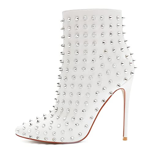 COLETER Women's Fashion White Ankle Boots with Rivets Closed Pointed Toe Stilettos Autumn Warm Dress Booties White 9 US | Amazon (US)
