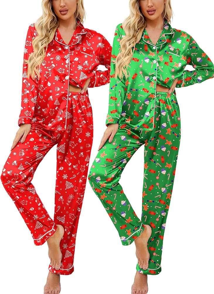 Ekouaer 2 Pack Satin Pajamas Set for Women Classic Button Down Silk Pjs Set Soft Sleepwear | Amazon (US)