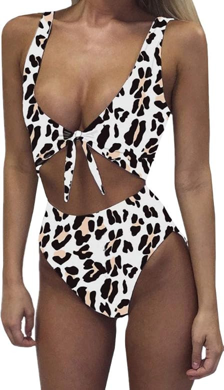 Womens Swimsuits High Waisted One Piece Bathing Suits Sexy Tie Knot Front Bikini | Amazon (US)