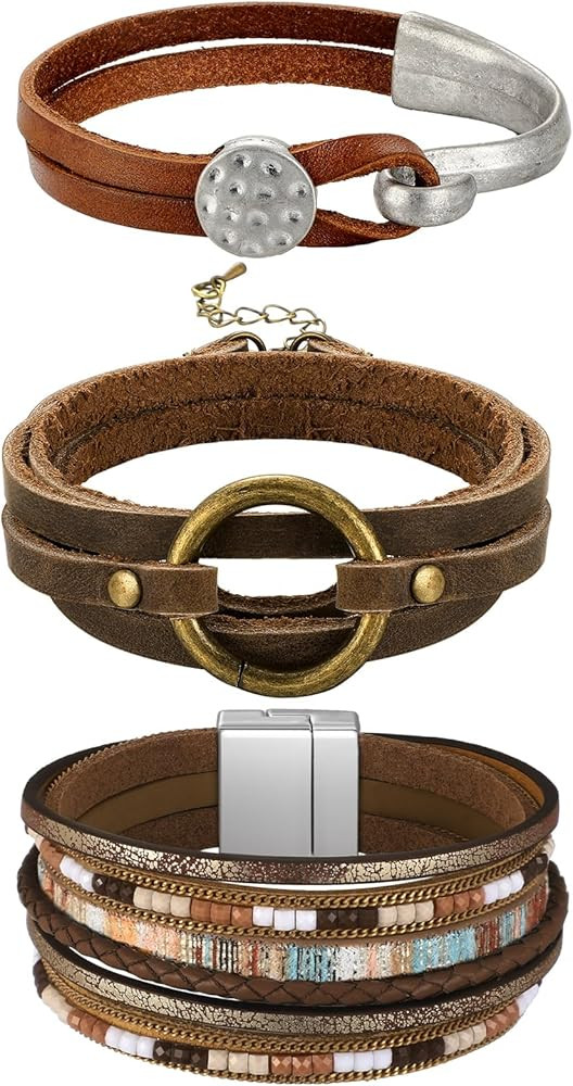Inbagi 3 Pcs Bohemian Bracelet for Women Girls Faux Leather Cuff Bracelet Multi Layer Western Jew... | Amazon (US)