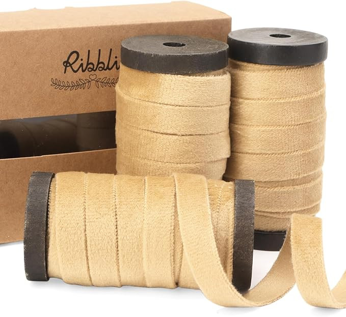Ribbli Champagne Gold Velvet Ribbon 3 Rolls Double Faced 3/8 Inch 18-Yard with Wooden Spool Use f... | Amazon (US)
