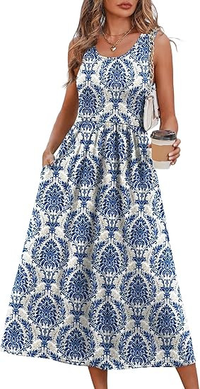 WIHOLL Summer Dresses for Women Flowy Casual Midi Dress Beach Vacation Sundresses with Pockets | Amazon (US)