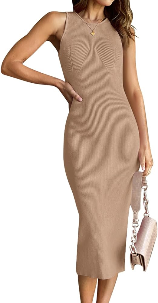 HAEOF Women's 2025 Summer Bodycon Midi Dress Casual Sleeveless Ribbed Knit Back Slit Vacation Par... | Amazon (US)
