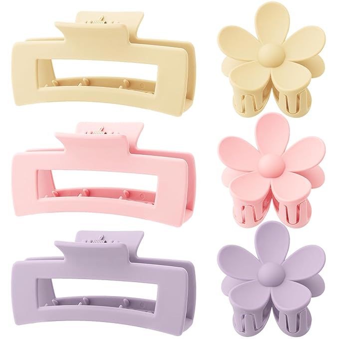 6 Pack 4.1 Inche Large Rectangle Hair Claw Clips Matte Flower Hair Clips, for Women Thin Thick Cu... | Amazon (US)