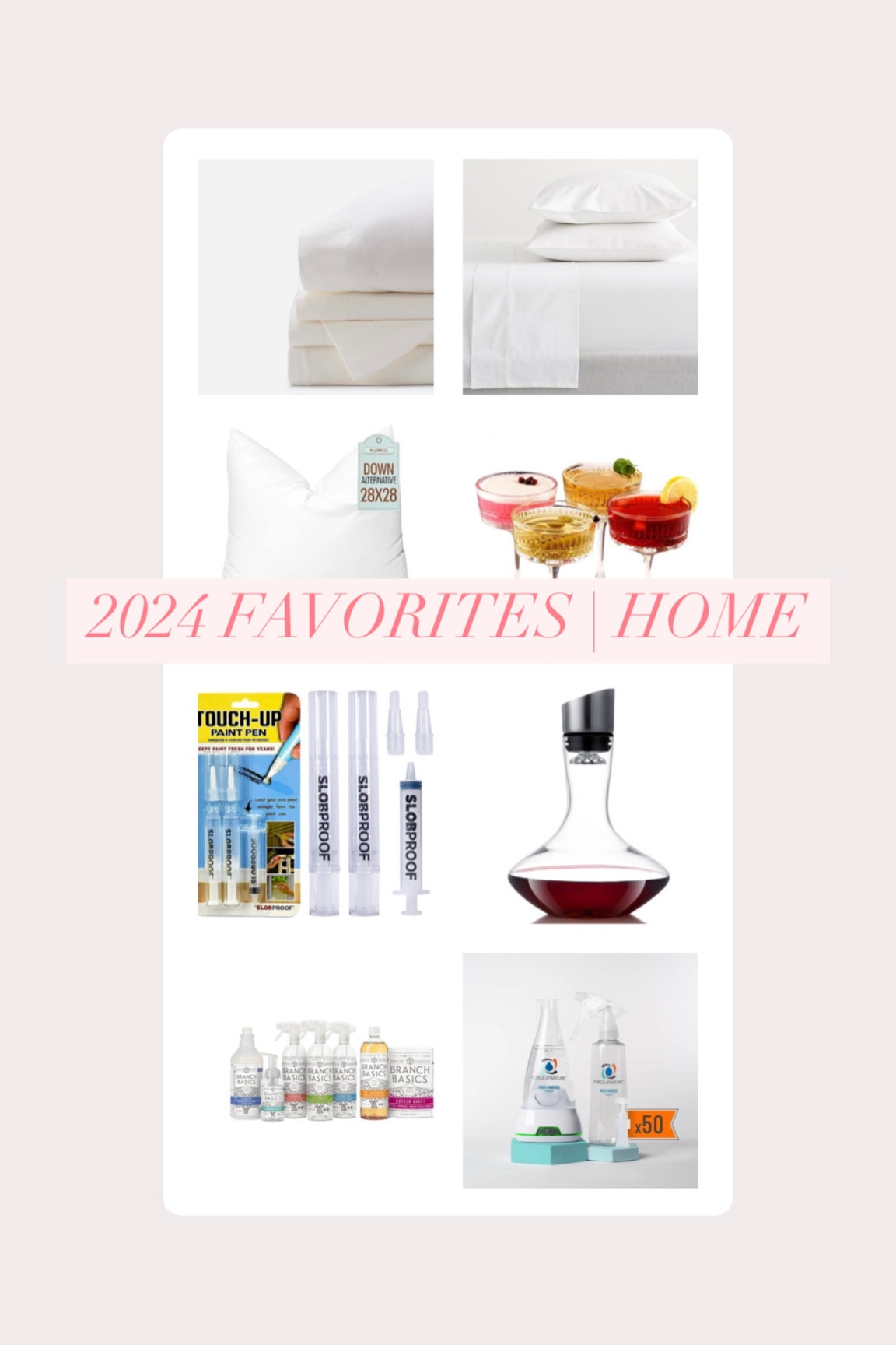 Red Land Cotton percale sheets (linked in blog)

Pottery Barn organic percale cotton sheets | My favorite of the two, if I had to pick – has that luxury hotel feel from the get-go. These wash so well and feel cool to the touch all night long. 

Pillowflex inserts | I’d seen these recommended by several interior designers for that full, heavy, choppable look (always order inserts 2” bigger than your shams). They’ve lived up to the hype. USA-made too! 

Coupe glasses | A very pretty addition to our little bar area with a heavy, quality feel.

Paint pens for walls + cabinets | These make it easy to do touch ups around the house + fill in holes, and the paint does not dry out. Comes with a syringe to fill them up.

Wine decanter | Just so pretty, and the sediment filter is nice. 

Branch Basics non-toxic all-purpose cleaner | Concentrate lasts forever (one bottle lasted us 11 months) and I love that there’s no scent.

Force of Nature non-toxic disinfectant (linked in blog)

#LTKHome #LTKFindsUnder50 #LTKFamily