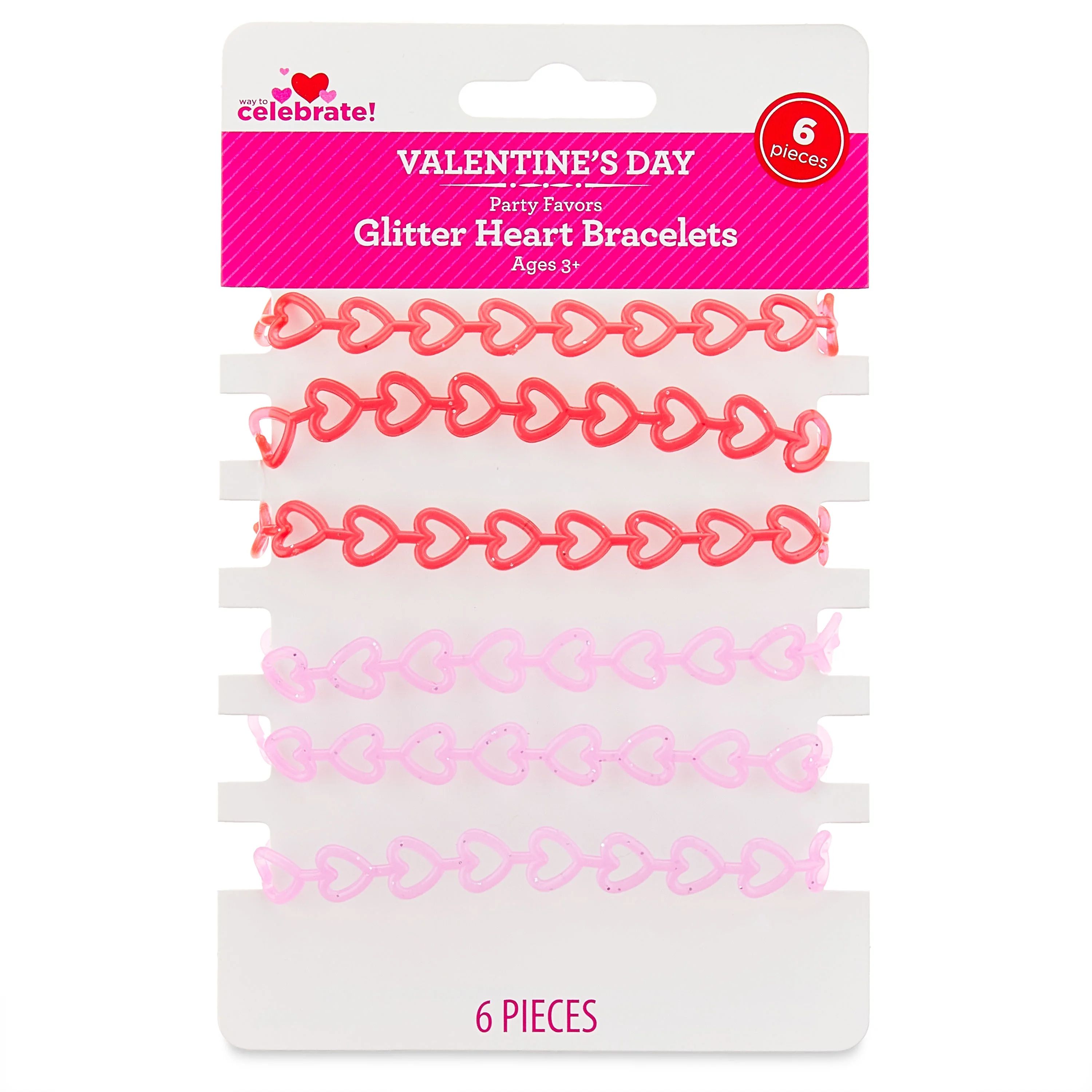 Valentine's Day Glitter Heart Bracelets Party Favors, Ages 3+, 6 Count, by Way To Celebrate | Walmart (US)