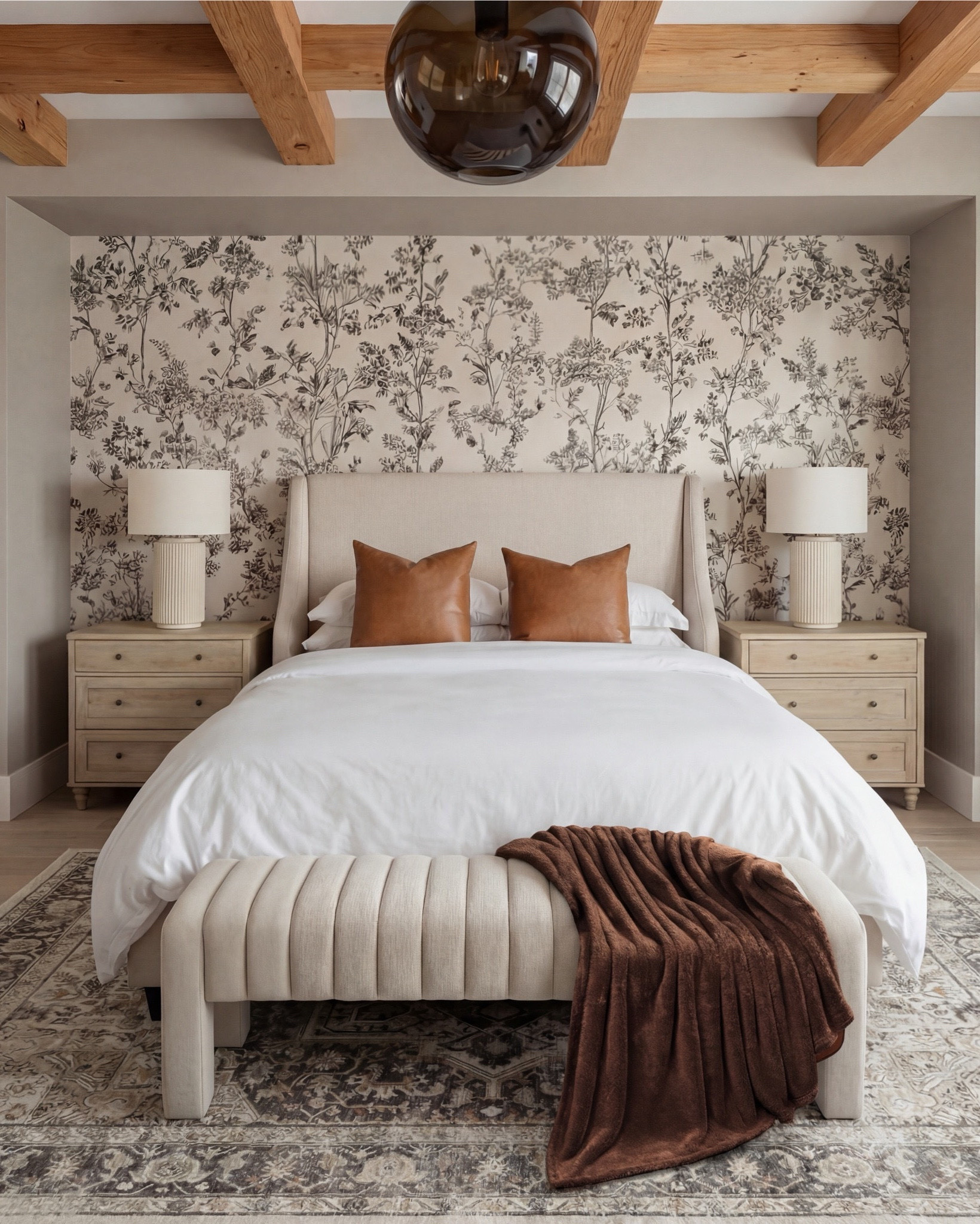 Bedroom Refresh : Shop The Look.
This bedroom is the perfect blend of calm neutrals and rich warmth. The tonal floral wallpaper does so much of the heavy lifting here—it adds depth without overpowering, creating that soft, romantic backdrop every cozy bedroom dreams of.

The caramel leather pillows are the star moment. They bring in warmth, contrast, and that elevated “quiet luxury” touch that instantly makes the space feel more intentional. Paired with the creamy upholstered bed and ribbed bench, the textures just flow.

Between the light wood nightstands, the sculptural lamps, and the warm beams above, this room is all about layers—neutral, organic, and timeless. It’s simple, but in the most curated way.

Shop the Look:
• Cream upholstered bed
• Caramel leather throw pillows
• Beige floral wallpaper
• Light wood nightstands
• Textured ceramic bedside lamps
• Ribbed upholstered end-of-bed bench
• Soft neutral area rug
• Brown plush throw blanket

#LTKsale #LTKhome #LTKstyletip