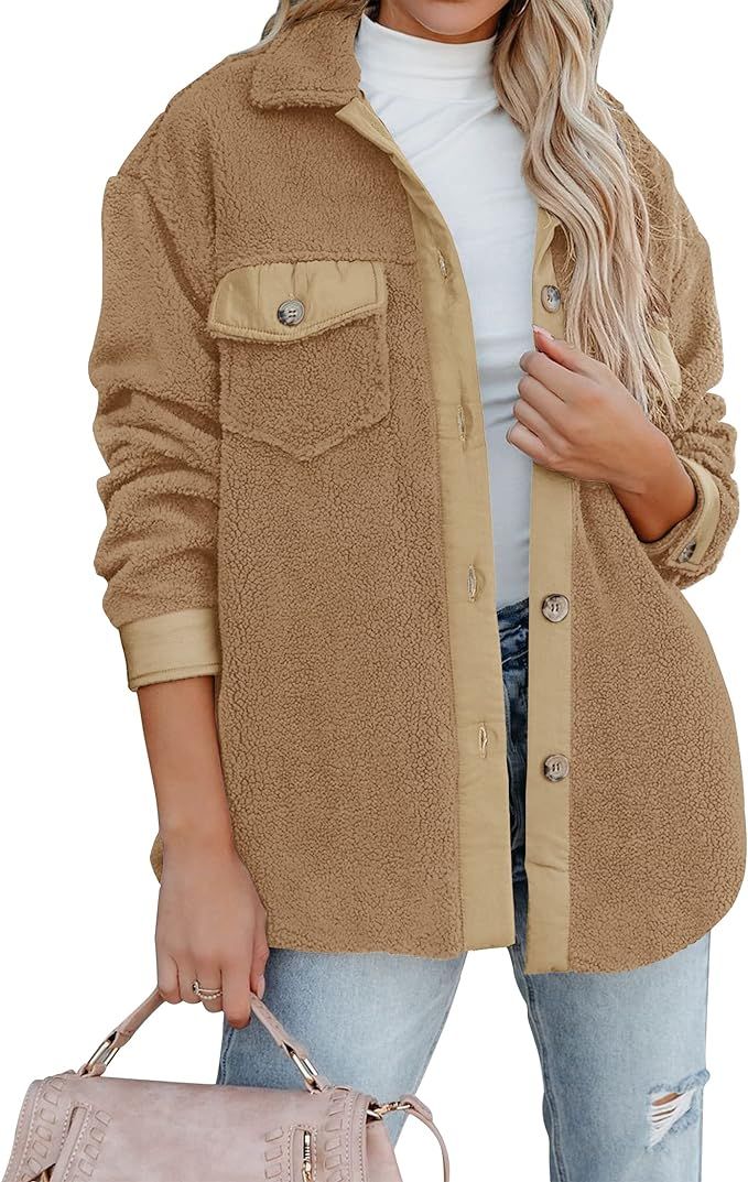 Amazon.com: ZESICA Womens Winter Casual Sherpa Fleece Jacket Long Sleeve Button Solid Warm Fuzzy ... | Amazon (US)
