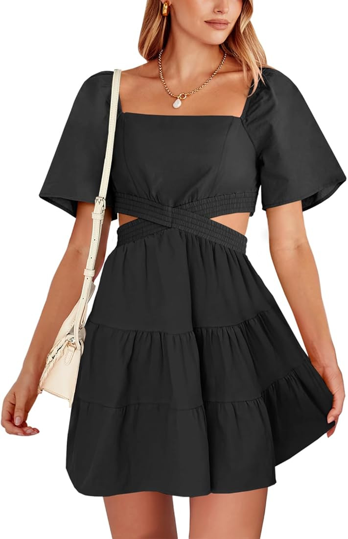 ANRABESS Women Summer Square Neck Short Sleeve Cutout Crossover Waist Casual Party Tiered A-Line ... | Amazon (US)