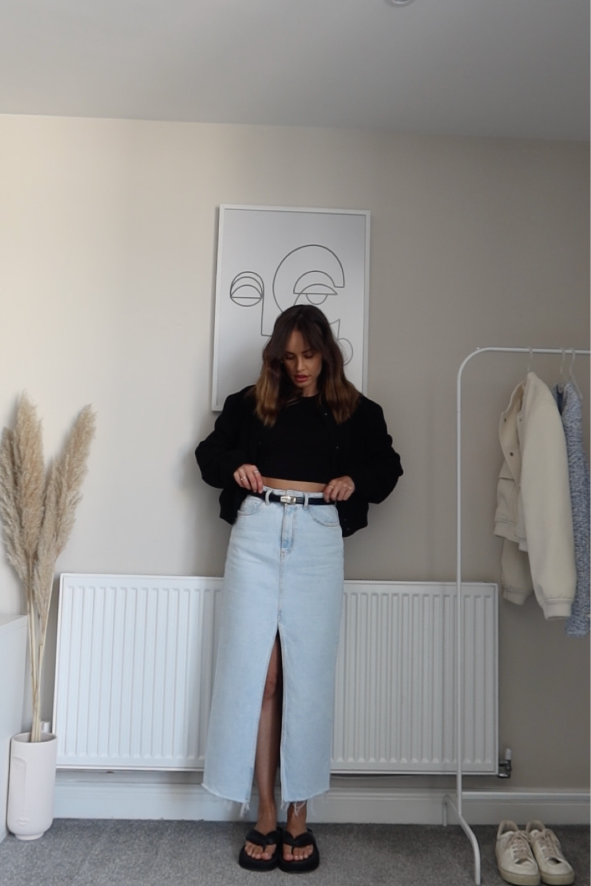 Black shirt, black jacket, light denim maxi slit skirt, black platform flip flops, black belt

#LTKSeasonal #LTKstyletip #LTKeurope