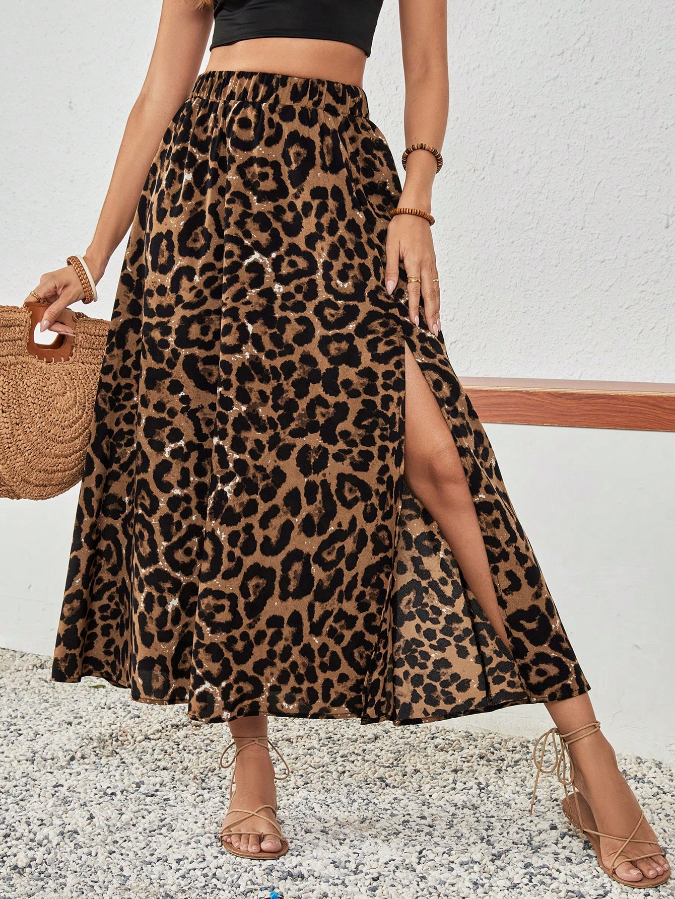 SHEIN VCAY Women's Summer Leopard Print High Split Holiday Skirt | SHEIN