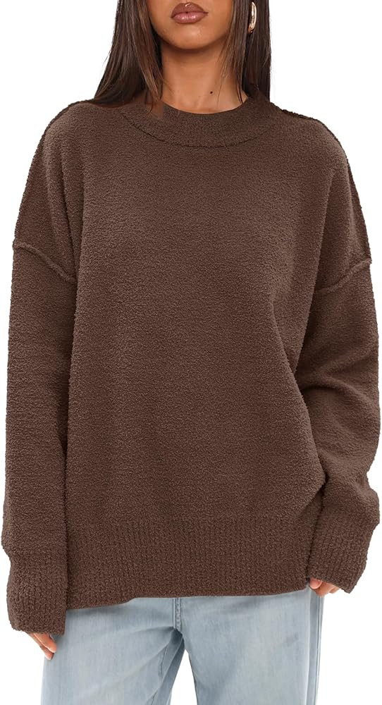 Darong Women Oversized Fuzzy Knit Sweater Long Sleeve Crew Neck Side Slit Pullover Sweaters Fall ... | Amazon (US)