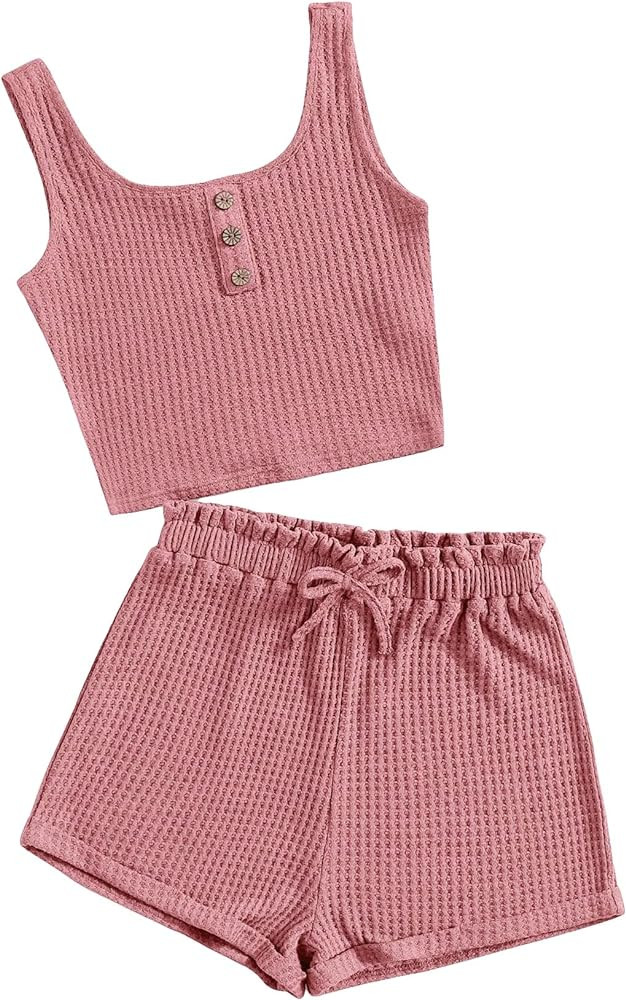 Girl's 2 Piece Outfits Waffle Knit Scoop Neck Button Down Crop Tank Tops Paperbag Waist Track Sho... | Amazon (US)