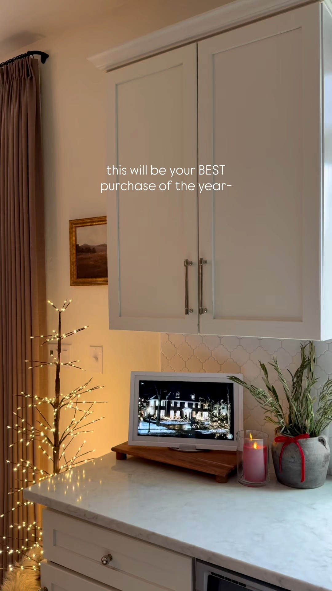 I absolutely LOVE this addition to the kitchen and it’s used daily by everyone. The list of features is so long😍 connect multiple apps to stream music, movies, tv, podcasts and more, order and reorder essentials, create shopping lists, keep your calendar and appointments, set timers, link your security devices, sync your smart home devices(this turns our fireplace on and off!), check the weather, news and more!! We’ve been testing it out since August and I cannot recommend it enough. You can also purchase frames to fit your decor. It comes in black and I added this white one which I love. We set it on this swivel so we can turn it to view from multiple spots. Do not wait on this friends!