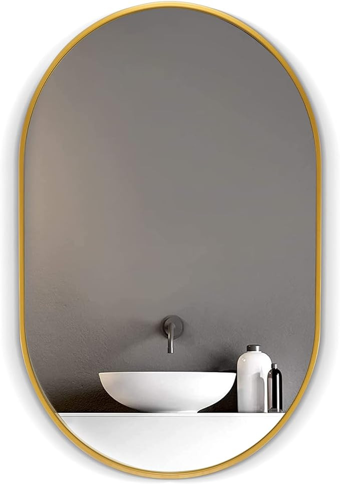 HOWOFURN Wall Mounted Mirror, 24’’x36’’ Oval Bathroom Mirror, Gold Vanity Wall Mirror w/S... | Amazon (US)
