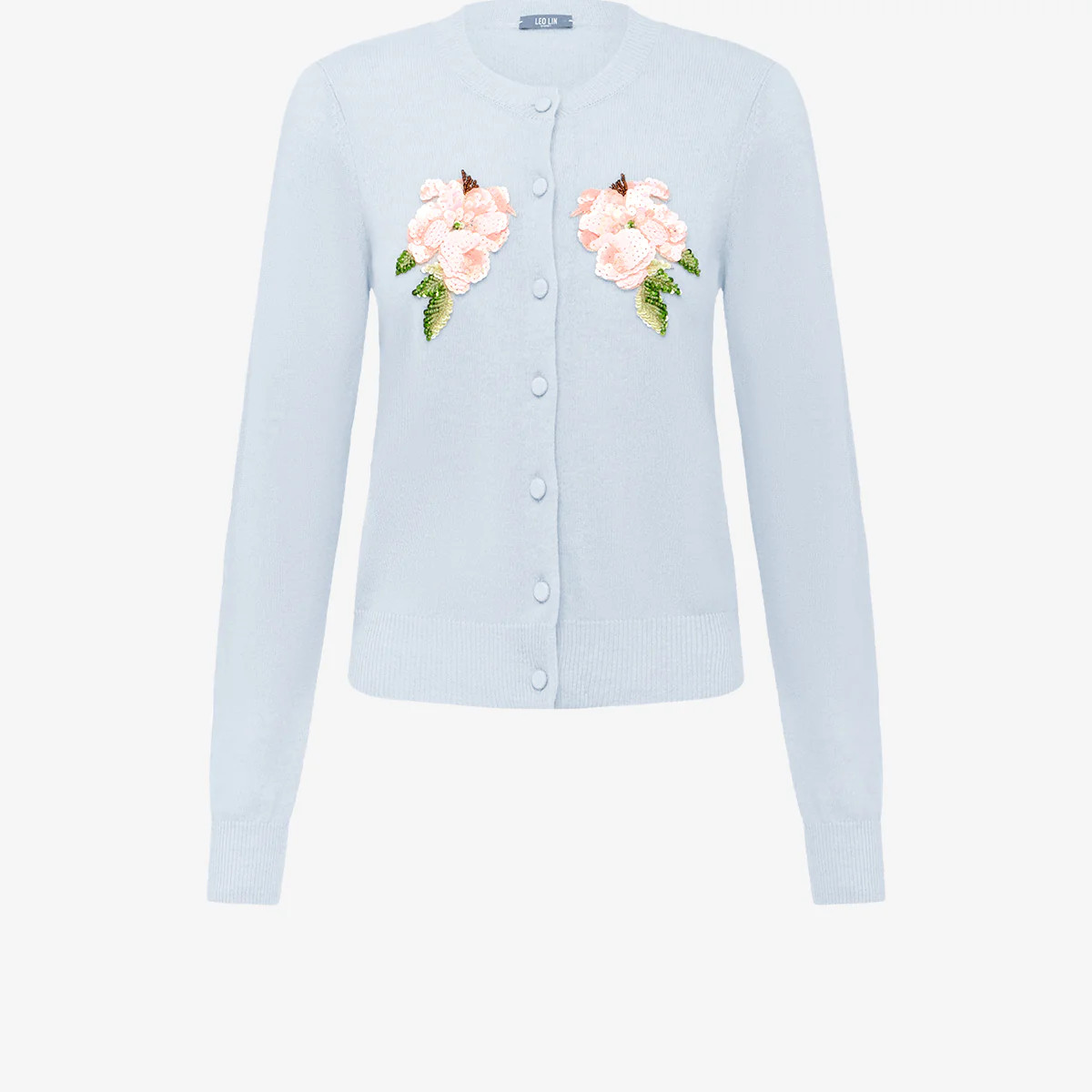 Claire Embellished Knit Cardigan - Ditsy Floral Print in Blue | LEO LIN US