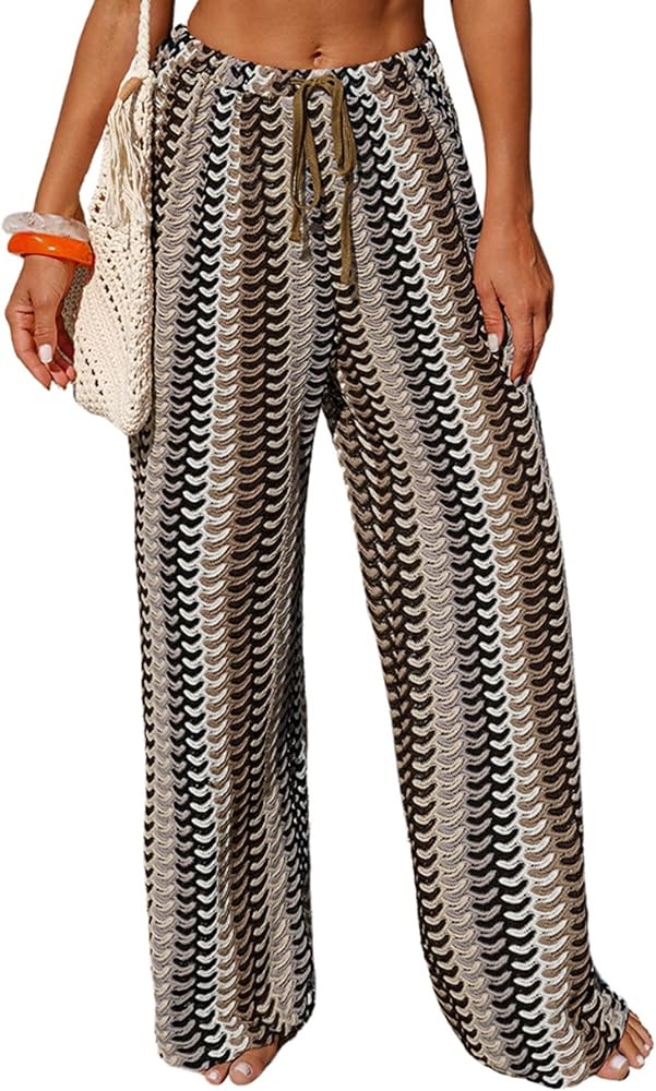 ZAFUL Womens Beach Cover Up Pants Sexy Crochet Drawstring Elastic Boho Swimsuit Cover Up Long Pan... | Amazon (US)