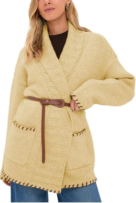 VAOYIU Women's Elegant Knit Cardigan Shawl Collar Versatile Soft Outerwear with Pockets and Stitched Details | Amazon (US)