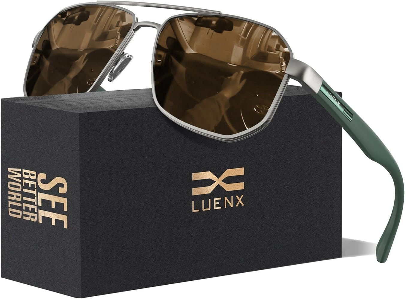 LUENX Aviator Sunglasses for Men Square Polarized Polygon Lens - UV 400 Protection with Accessori... | Amazon (US)