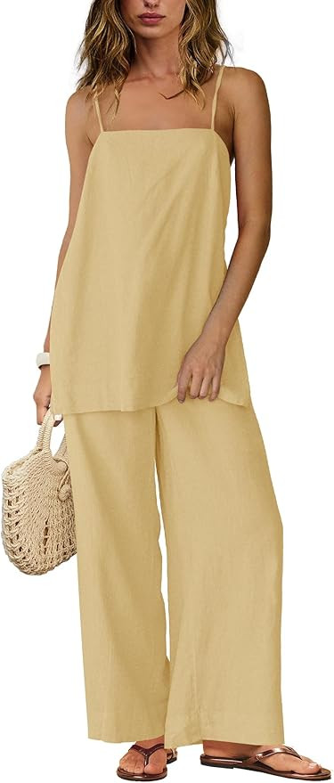 SENSERISE Linen Sets for Women 2 Piece Set Summer Beach Vacation Outfits Spaghetti Strap Tank Top... | Amazon (US)