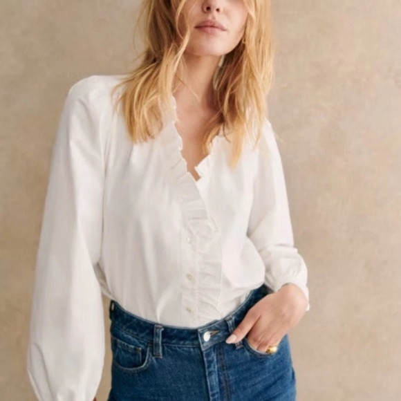 Sezane Rosine White Cotton Shirt Ruffled V-Neck Small | Poshmark