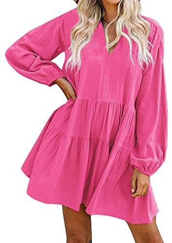 FANCYINN Women’s Cute Shift Dress with Pockets Bell Sleeve Ruffle Hem V Neck Loose Swing Tunic ... | Amazon (US)