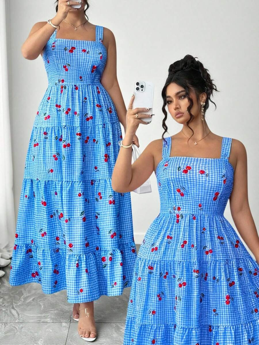 Elenzga Plus Size Elegant Commuter Plaid & Cherry Print Sleeveless Dress | SHEIN