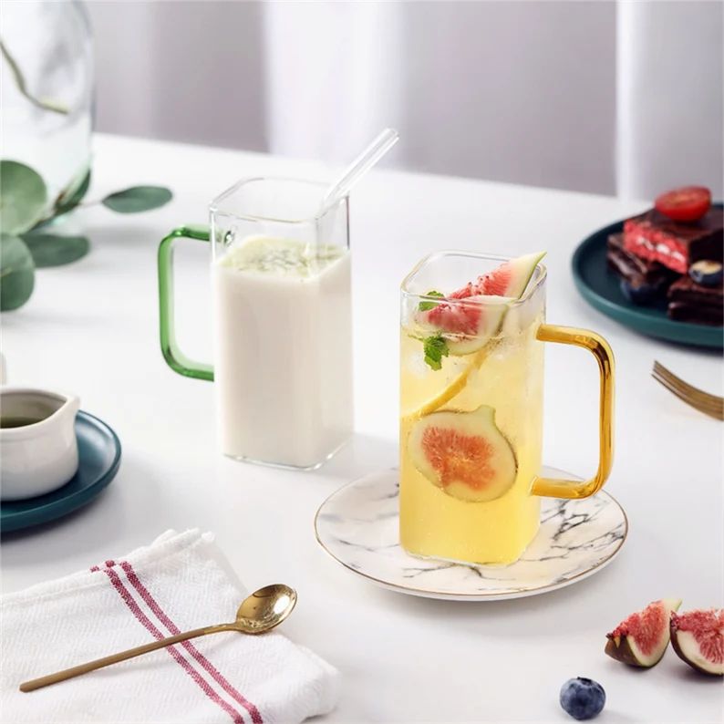 Square Glass Colored Milk Cups with Colored Handle Espresso Coffee Tea Glassware 400 mL Trendy Dr... | Etsy (US)