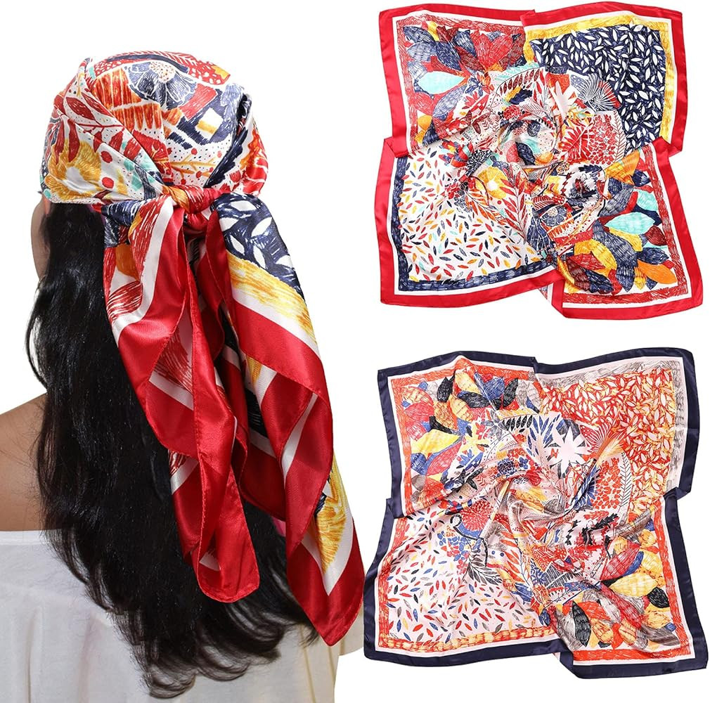 AWAYTR 35” Large Satin Square Head Scarf - 2Pcs Silk Like Floral Head Scarves Square Satin Hair... | Amazon (US)