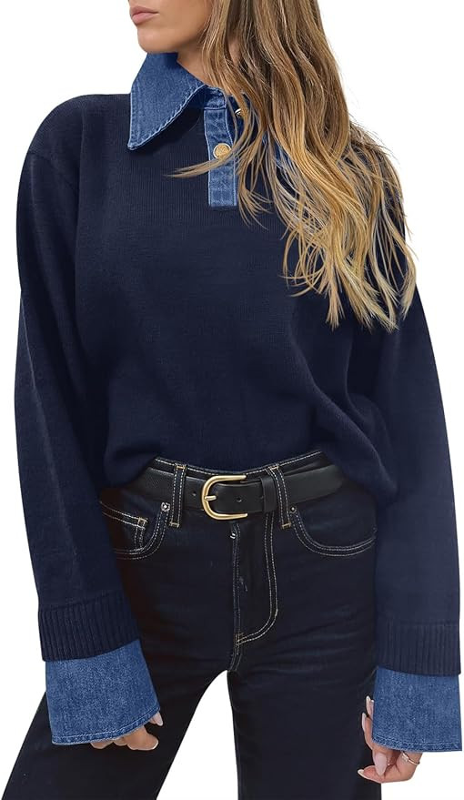 Saodimallsu Womens Denim Patchwork Sweaters V Neck Polo Pullover Tops | Button Up,Long Sleeve,Fak... | Amazon (US)