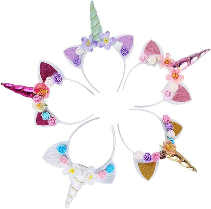 5PCS Glitter Unicorn Horn Headband, Flower Ears Unicorn Headbands for Girls, Birthday Unicorn Par... | Amazon (US)