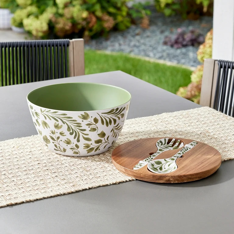Better Homes & Gardens 4-Piece Bamboo Melamine Salad Serving Bowl and Utensil Set with Acacia Woo... | Walmart (US)