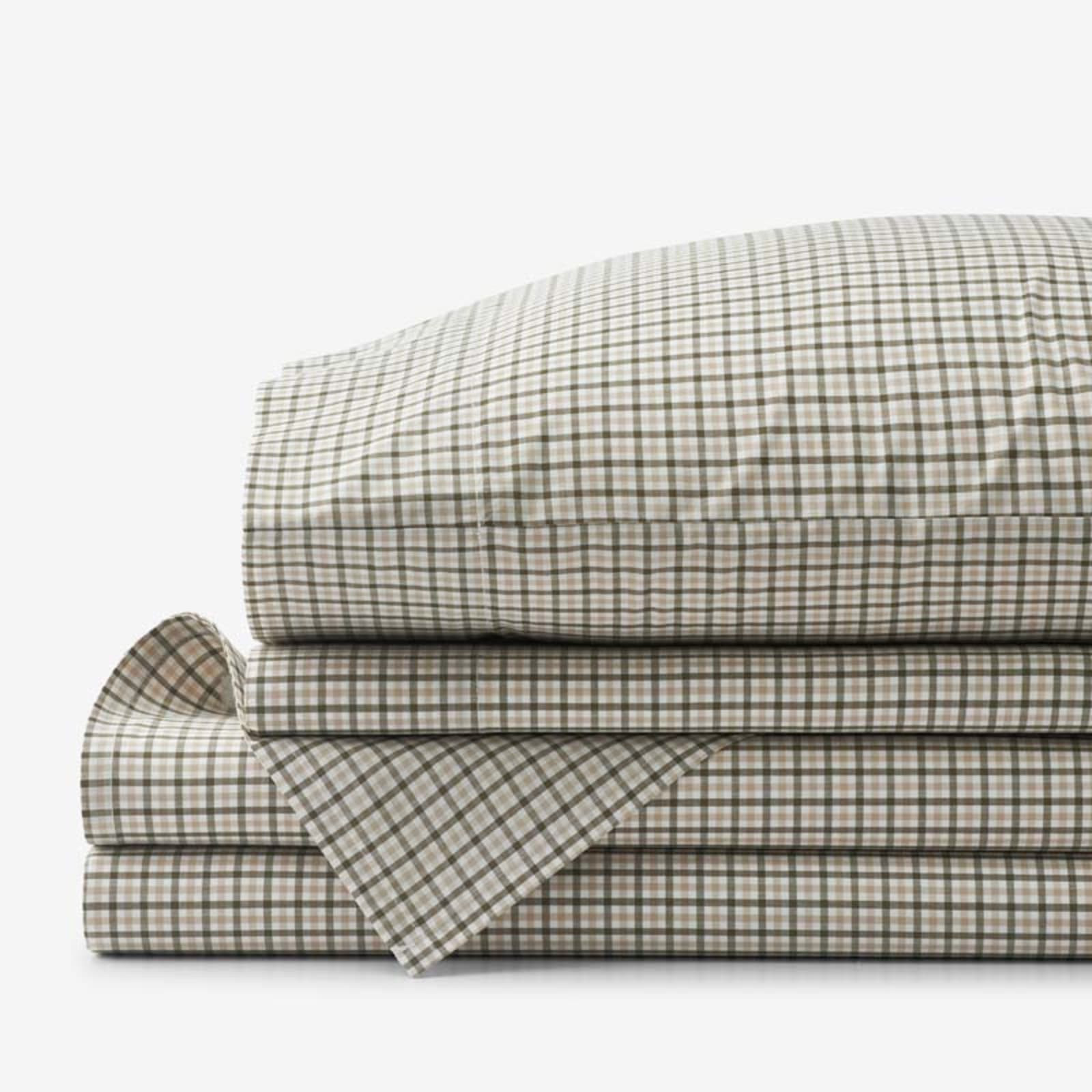 Classic Stripes and Plaids Cool Yarn-Dyed Cotton Percale Bed Sheet Set - Mini Check Green, King | The Company Store
