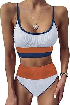 Sidefeel Women Striped Color Block Knit Ribbed High Waist Bikini Set 2 Piece Swimsuits | Amazon (US)