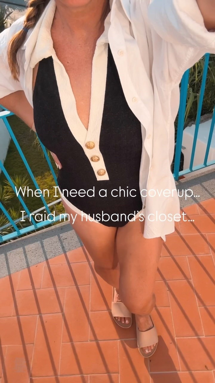 My trick to looking chic at the beach… 
I raid my husband’s closet for a crisp cover-up shirt! ✨

SHOP for swimsuit details.  BTW - This suit had my husband’s attention all day! 😎