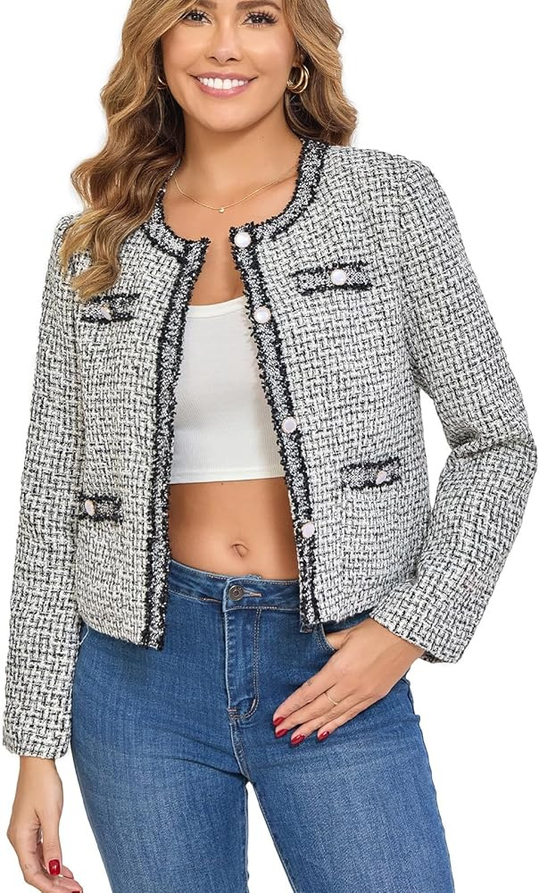 Women's Tweed Blazers Cropped Long Sleeve Crewneck Open Front Lace Trim Lightweight Plaid Work Bu... | Amazon (US)