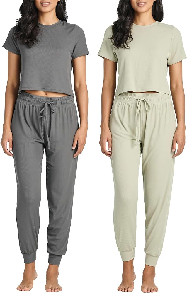 Real Essentials 2 Pack: Women's Ribbed Knit Cropped Short Sleeve Top with Jogger Sweatpants Loung... | Amazon (US)