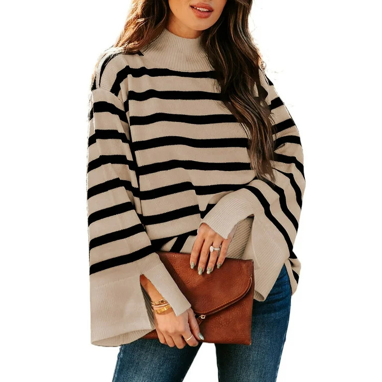 Dokotoo Pullover Sweaters for Women 2023 Bell Sleeve Mock Neck Striped Sweater Tops Trendy Colorb... | Walmart (US)